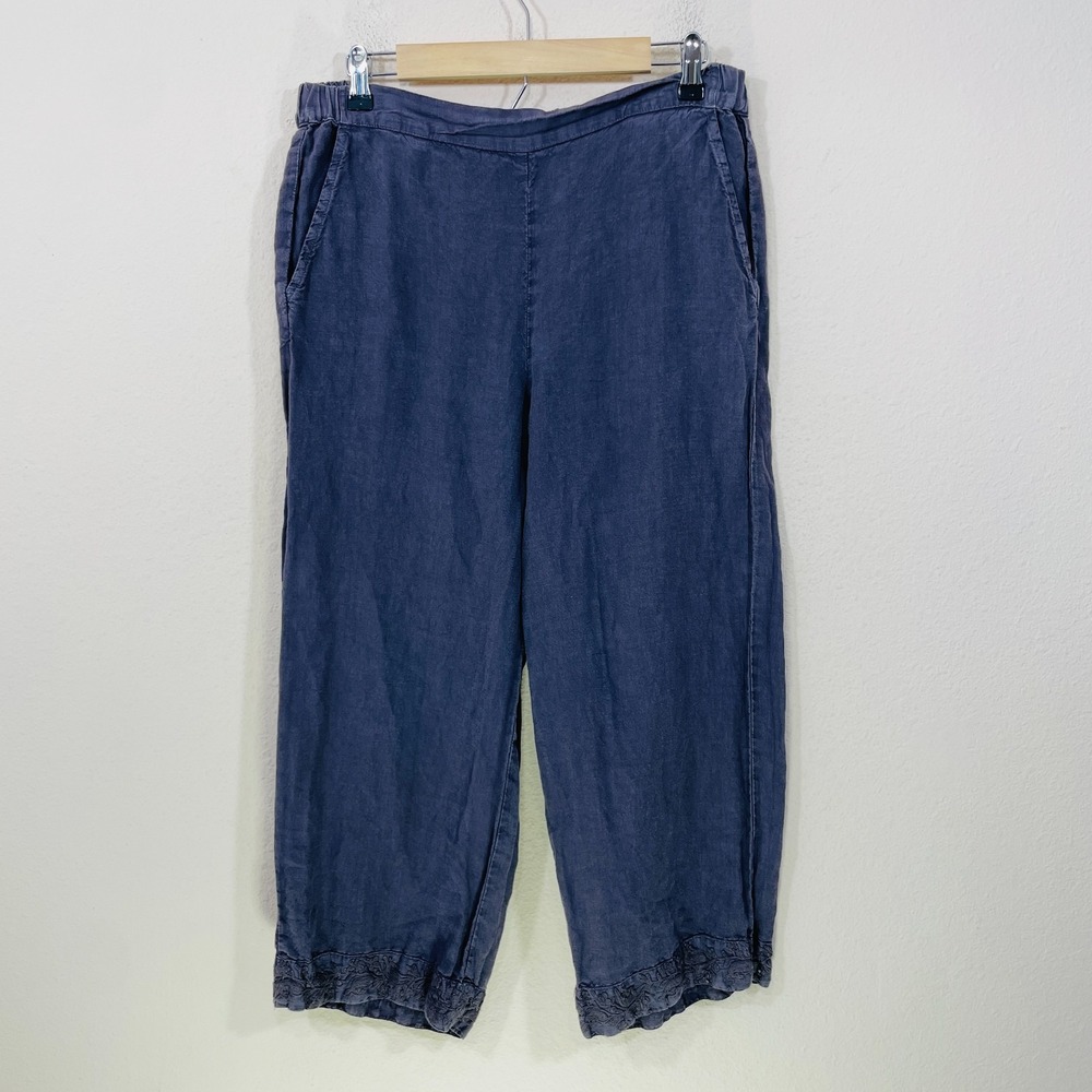 CP Shades Sausalito Linen Wide Leg Crop Pull Pants Women's M Embroidered Purple